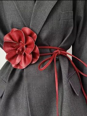 Red Floral Leather Waist Belt Beautiful Look